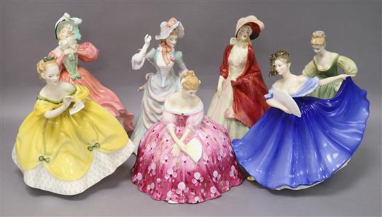 Seven Royal Doulton figures: Loyal Friend HN3358, Paisley Shawl HN1392, Victoria HN2471, Fair Lady HN2193, Elaine HN2791 91 HN2791, The